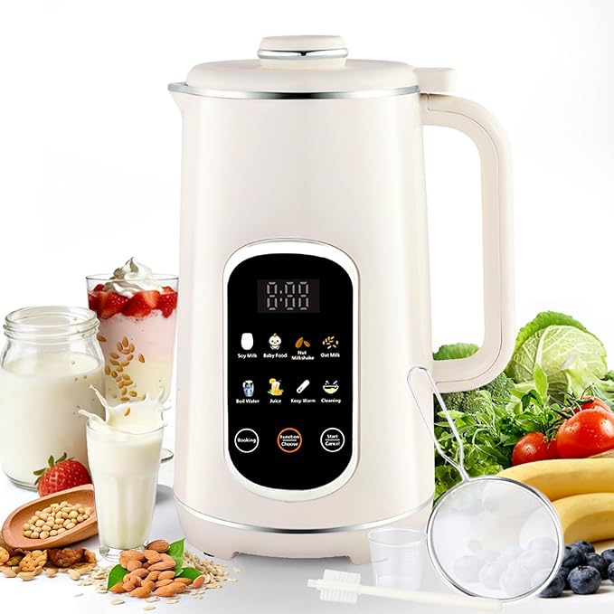 40oz Nut Milk Maker Machine 8-in-1 LED Panel Touch Screen Soy Milk Maker for Homemade Almond Soy &amp Oat Plant-Based and Dairy Free Beverages with 12H Delay Start &amp Self-Cleaning (White)