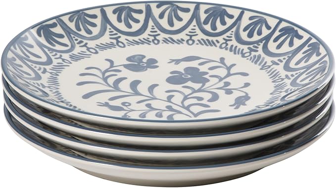 Bloomhouse - 2-Time Oprah’s Favorite Things - Valencia Flor 4 Piece 10.75” Dinner Plate Set Stoneware Plates Mediterranean Floral Decal Design Microwave &amp Dishwasher Safe Iris Blue