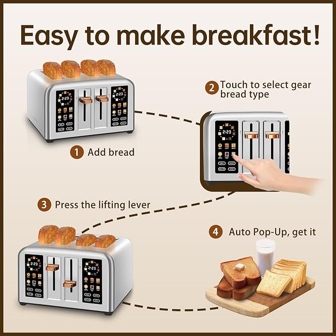SEEDEEM Toaster 4 Slice Stainless Steel Touch Screen for Dual Control Digital Timer Smart Toaster with 6 Bread Type 7 Shade Setting 1.5''Wide Slot Removable Crumb Tray 1800W Silver Metallic
