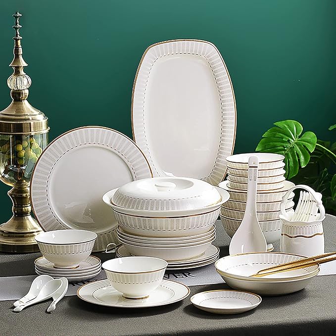 50 Pieces Dinner SetWhite Porcelain Bone China Tableware Set with Round Dessert Plates Soup Plates Dinner Plates Bowls Dishes Soup Pot Service for 10 People with Gold Rim