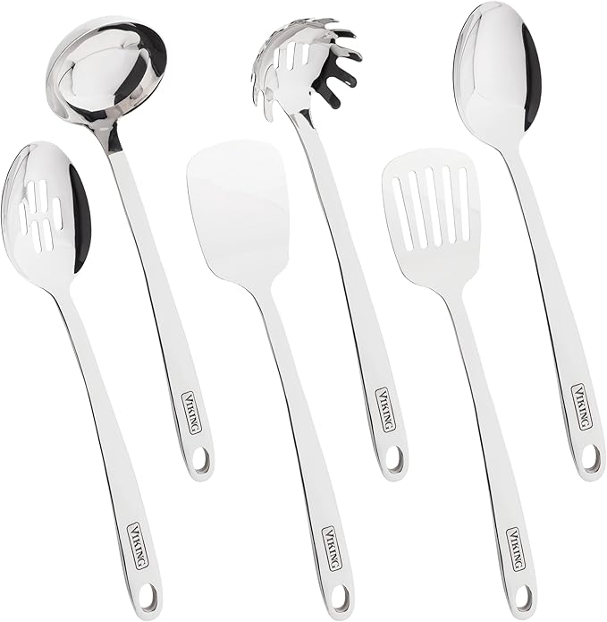 Viking Kitchen Utensils Set 6 Piece Stainless Steel Cooking Utensil Set Includes Spatulas Spoons Pasta Fork and Deep Ladle Hollow Forged Silver