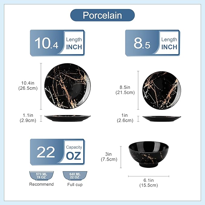 LOVECASA Plates and Bowls Sets for 4 12 Pieces Porcelain Dinnerware Sets Black and Gold Dish Set Gold Splash Dishware Sets Dishwasher Microwave Safe