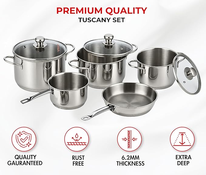 Vinod Stainless Steel Induction Friendly Tuscany Set 5 Pieces - Saucepan (14 cm/1.3 Litre) 3 Cassseroles (14 cm16 cm &amp 18 cm/1.32 &amp 2.8 Litre) Frypan (18 cm) &amp 3 Glass Lids