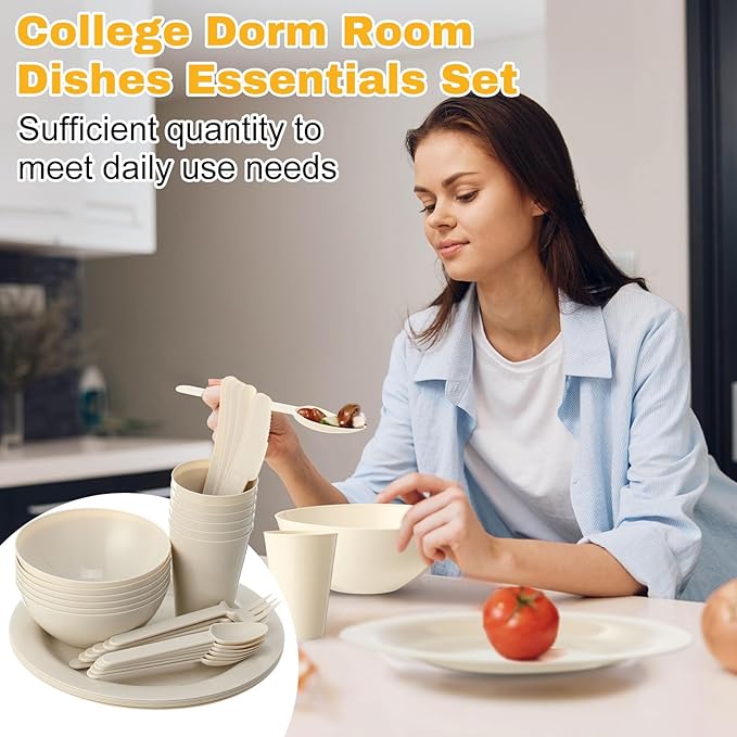 LemonRoad 6 Set College Dorm Dishes Essential Kit Plates and Bowls Back to School Beige Room Dishes Set with Storage Mesh Bag Cup Microwave Dinnerware Picnic for RV Camping