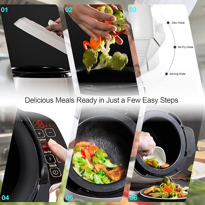 Electric Self Stirring Pot Automatic Cooking Machine 1000W 6L Automatic Pot Stirrer for Cooking 360° Rotating Stir Fry Machine Multi-Function Kitchen Robot for Stewing &amp Frying (White)