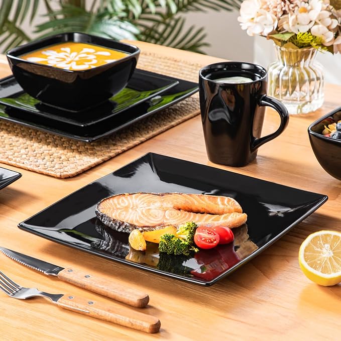 vancasso Soho Dinnerware Sets 24 Pieces Black Stoneware Square Place Setting Dinner Plate Cups and Plates Sets for Kitchen Dish Set for 6