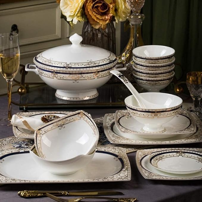 Dinner Set for Family PartyHotel RestaurantCeramics Dinnerware Set with 48-PiecesBowl/Dish/Soup Pot/Spoon|Dinner SetsNordic Style Golden Rim Porcelain Combination Set