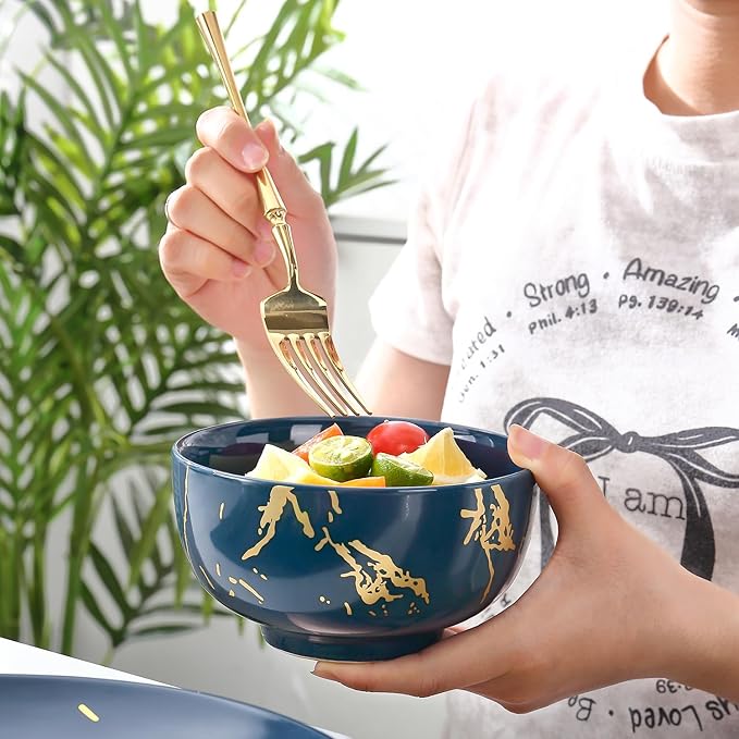 Modern Porcelain 16 Piece Blue Dinnerware SetPlates and Bowls SetsGold Dish Set for 4Blue Dinnerware SetDinner Sets with Dinner Plates.