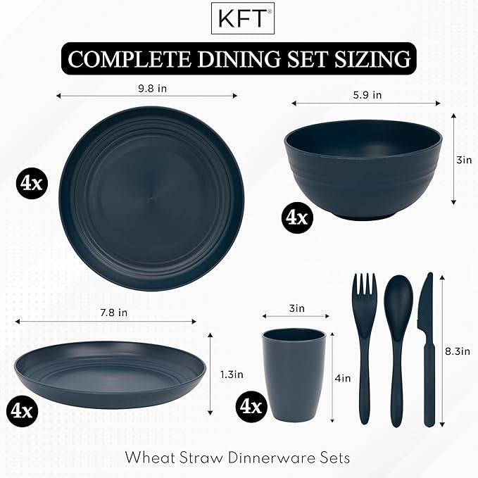 Wheat Straw Dinnerware Sets for 4 - KFT Lightweight &amp Unbreakable Dishes Microwave &amp Dishwasher Safe Perfect for Camping Picnic RV Dorm Plates Cups and Bowls (Blue 24pc)