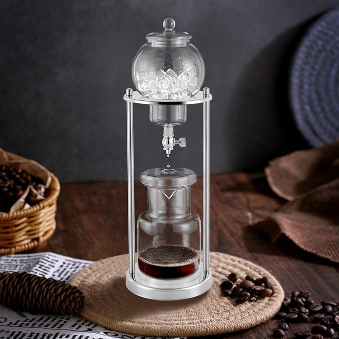 Luxury Ice Cold Brew Dripper Coffee Maker in Stainless Steel and Borosilicate Glass Cold Brew Coffee Makers For Home Coffee Shops 600 ml Silver