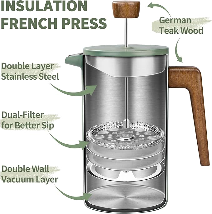 French Press Coffee Maker 34oz Stainless Steel Green Coffee Press Real Wood Handle Double Wall Insulated French Coffee Press with Dual-Filter Screen Perfect for Camping &amp Kitchen Use