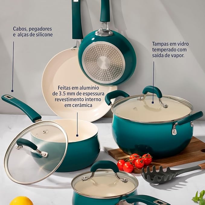 Corbett Piece Nonstick Aluminum Cookware Set – Ceramic Interior Soft Grip Handles Belly Shaped Pots and Pans for Even Heating (Teal 8 Pieces)