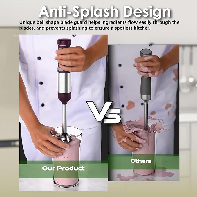 Cordless Immersion Hand Blender 5-in-1 Variable Speed blender handheldRechargeable with 2000mAh Battery BPA-Free &amp Dishwasher-Safe Accessories:700ml BeakerChopperWhisk &amp Milk FrotherPlum
