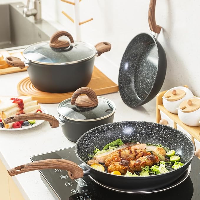 Pots and Pans Set Non Stick Ceramic Cookware Set with Granite Pattern Kitchen Cooking Sets Induction Pot and Pan w/Frying Pans Saucepans Casserole Non-Toxic PTFE/PFOA/PFOS-Free Black