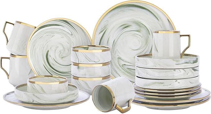 Fine China Artisan Marbled 20pc Dinner Set Green with Gold Line