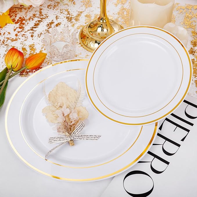 I00000 60 Pieces Gold Plastic Plates Heavy Duty White and Gold Plastic Plates for 30 Guests Include: 30 Gold Rim Dinner Plates and 30 Gold Dessert Plates Perfect for Wedding &amp Party