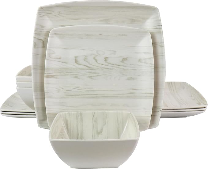 Unknown1 Woodgrain 12 Piece Dinnerware Set Off/White Textured Casual Square Dishwasher Safe