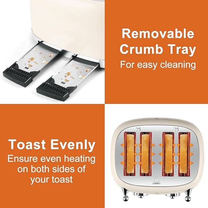 CUSIMAX Toaster 4 Slice Retro Toaster with Wide Slots for Bagels Stainless Steel with 6 Toast Settings Bagel Cancel Defrost &amp Reheat Functions Dual Independent Control Panels Cream