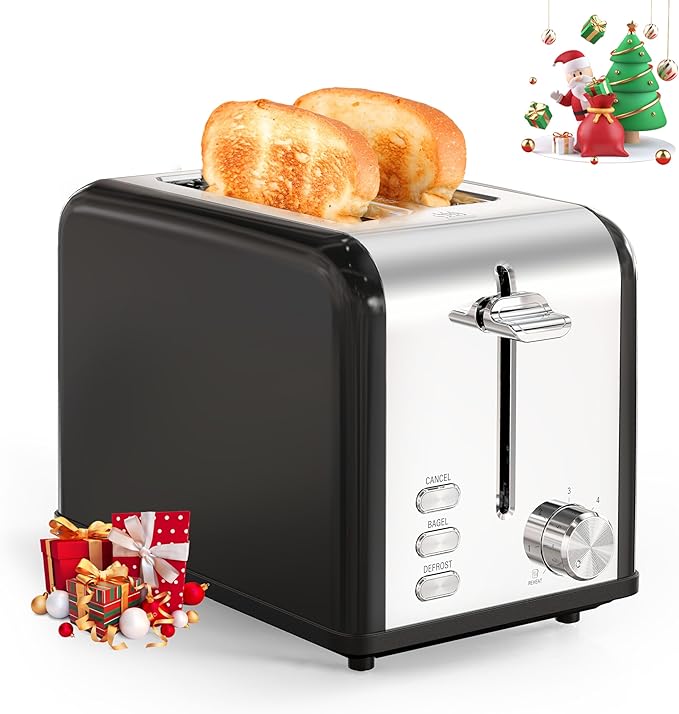 YSSOA Stainless Steel Toaster 2 Slice with Extra Wide Slot &amp Removable Crumb Tray 6 Shade Settings and Bagel/Defrost/Cancel Functions Compact Oven for Various Bread &amp Waffle Black (Pack of