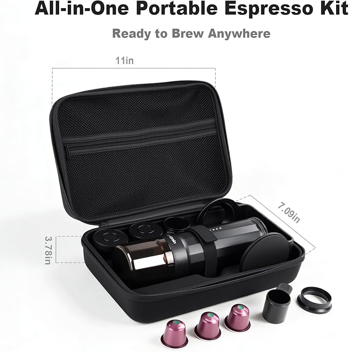 Portable Espresso Machine Self-Heating Travel Espresso Maker with USB-C Charging Compatible with Ground Coffee &amp NS Capsules All-in-One Travel Kit with Carrying Bag &amp Stand