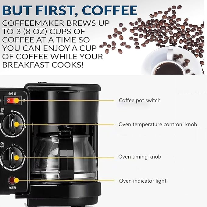 Breakfast Station 3-in-1 with Coffee Maker Non-Stick Griddle &amp 4-Slice Toaster Oven - Versatile Kitchen Appliance for Apartments and Kitchenettes
