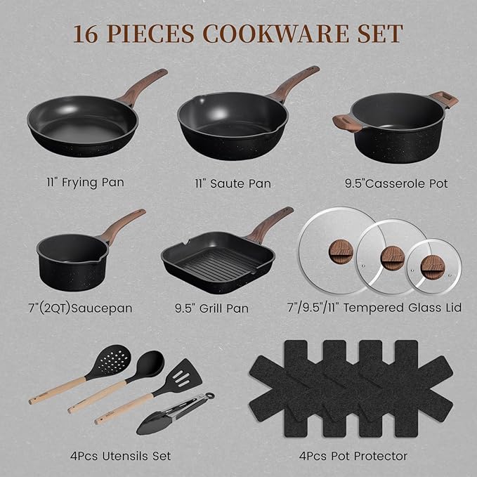 Kikcoin 16Pcs Pots and Pans Set Nonstick Ceramic Cookware Sets Induction Kitchen Cooking Set Non toxic Healthy Non Stick w/Grill Pan Saute Pan Black