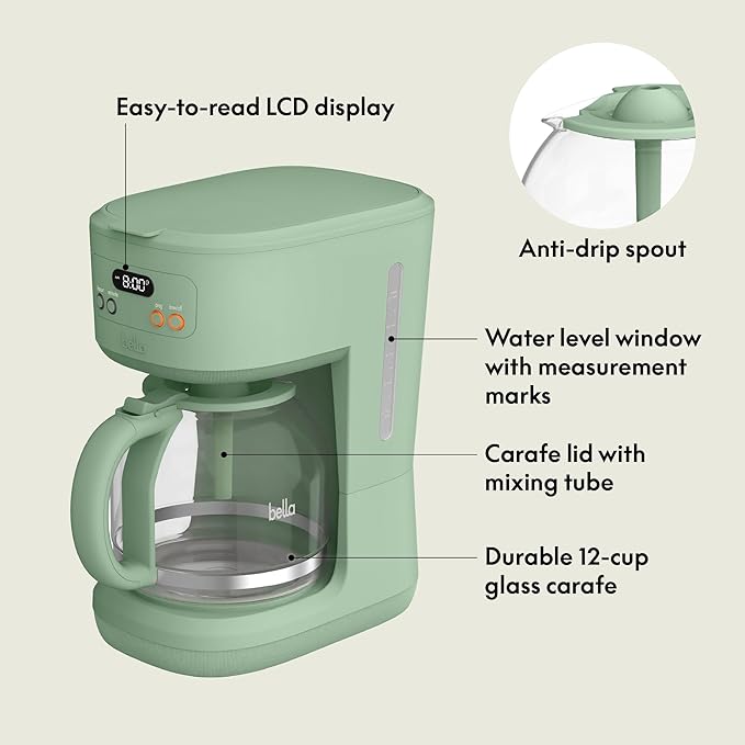 bella 12 Cup Programmable Coffee Marker Reusable Dishwasher Safe Accessories Easy LCD diaply Auto Shutoff 900 watt Seaglass