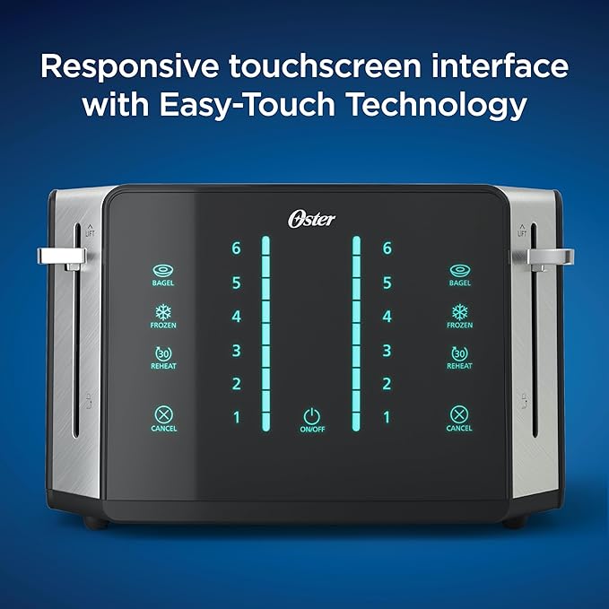 Oster 4-Slice Toaster Touch Screen Stainless Steel Digital Timer 6 Shade Settings Easy to Clean Removable Crumb Tray