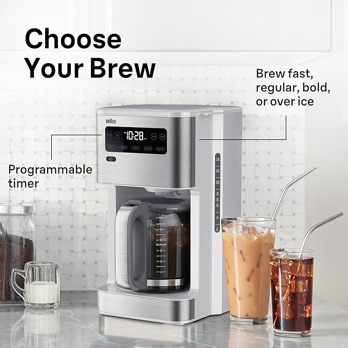 Braun PureFlavor 14‑Cup Programmable Coffee Maker – Fast Brew Speed Touch Display Bold &amp Brew‑Over‑Ice Modes FlavorCarafe &amp Adjustable Warm Plate White