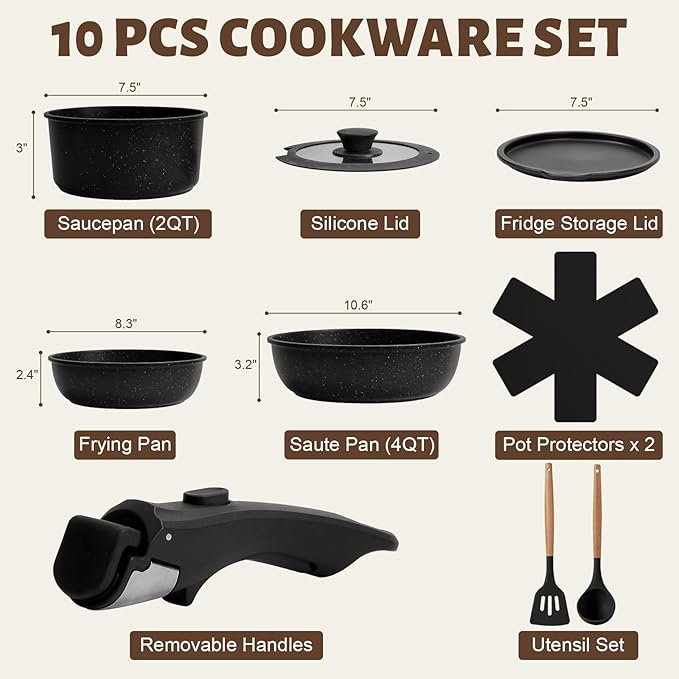 Numola 10 pcs Pots and Pan Set Non Stick with Detachable Handle Ceramic Cookware Set for Stackable Induction Kitchen Cookware Set for RV Dishwasher ＆ Oven Safe Black