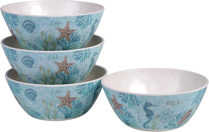 Misc Beachcomber 12-Piece Dinnerware Set (Service for 4) Blue Multi Color White Coastal Modern Contemporary 12 Piece Dishwasher Safe