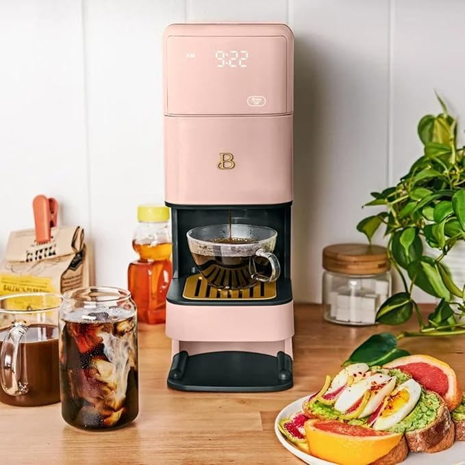 B - Perfect Grind Programmable Single-Serve Coffee Maker with Built-In Grinder Fresh Ground Brewing Touch Controls Reusable Filter Compact Countertop Design (Rose)