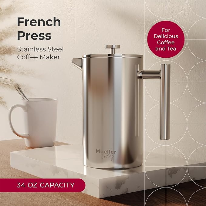 MuellerLiving French Press Coffee Maker 34oz Stainless Steel French Press Coffee 4 Filter Heat Resistant Double Insulated Rust-Free Food Grade Dishwasher Safe Coffee Pot