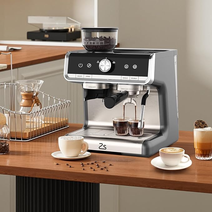 20 Bar Barista-Grade Espresso Machine with Conical Burr Grinder &amp Steam Wand - PID Control Stainless Steel Coffee Maker with 95oz Detachable Tank for Latte Cappuccino Home Cafe Silver Gray