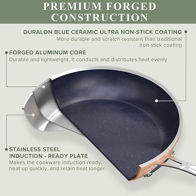 Nuwave Healthy Duralon Blue Ceramic Nonstick Cookware Set Diamond Infused Scratch-Resistant PFAS Free Dishwasher &amp Oven Safe Induction Ready &amp Evenly Heats Tempered Glass Lids &amp Stay-