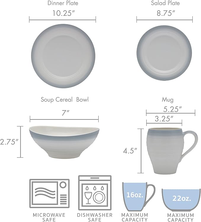 Mikasa Swirl Ombre Grey 16 Piece Dinnerware Set Service for 4