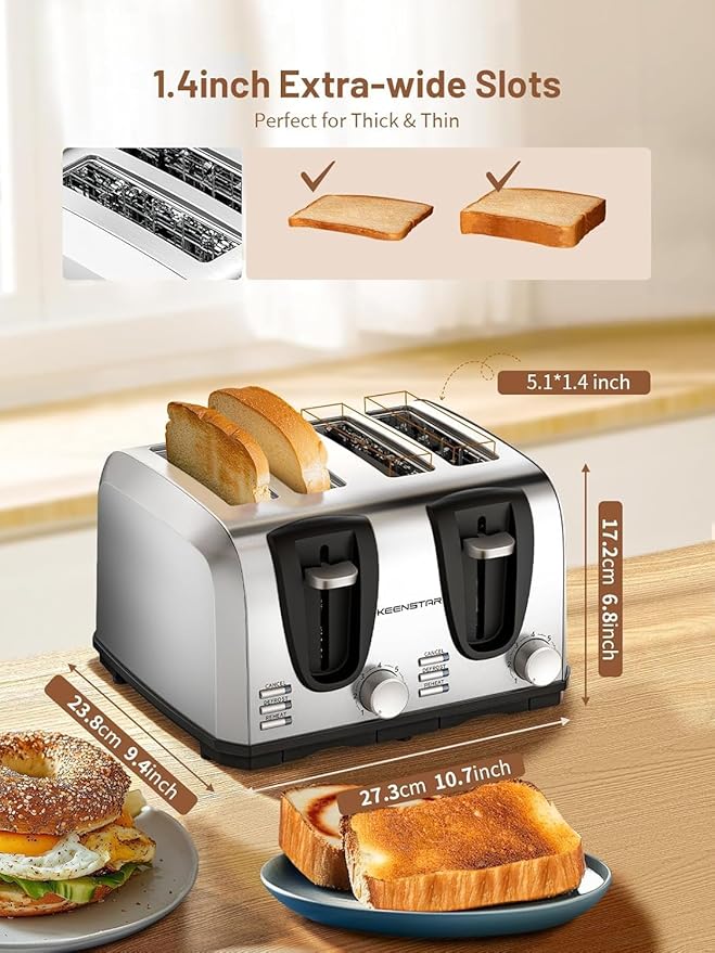 Keenstar Toaster 4 Slice Bread Toaster with Dual Control Panels Extra-Wide Slot of Bagel/Defrost/Cancel Function 7 Toasting Bread Shade Settings Removable Crumb Trays Auto Pop-Up Stainless Steel