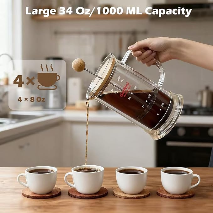 34-Ounce plastic free French Press Coffee Maker Double Wall Glass coffee press Stainless Steel Filter and Shaft Bamboo Knob and Lid Heat-Resistant tea french press no plastic large tea maker
