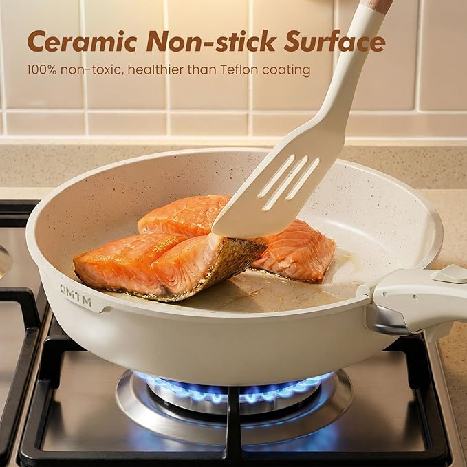 OMTM 19pcs Ceramic Non Stick Pots and Pans Set with Detachable Handle Space-Saving Nestable Cookware Set for Kitchen Dishwasher &amp Oven Safe Eco-Friendly Non-Toxic (PFOS PFOA Free)