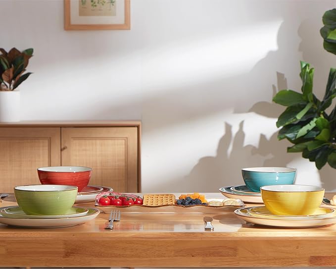 ONEMORE Plates and Bowls Set 12 PcsStoneware Dinnerware Sets for 4 MicrowavableOven &amp Dishwasher Safe PorcelainScratch Resistant Dishes Set