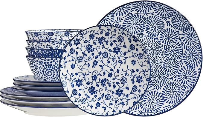 ONEMORE 12 Piece Ceramic Dinnerware Set for 4 Vintage Blue Stoneware Plates &amp Bowls Set - Scratch Resistant Microwave Dishwasher &amp Oven Safe Everyday Family Meals