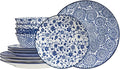 ONEMORE 12 Piece Ceramic Dinnerware Set for 4 Vintage Blue Stoneware Plates &amp Bowls Set - Scratch Resistant Microwave Dishwasher &amp Oven Safe Everyday Family Meals