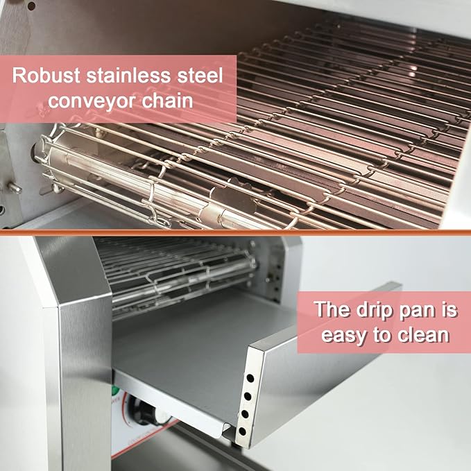 Commercial Toaster Conveyor 150slices/HourStainless Steel Conveyor Toaster for Bun Bagel Bread Heavy Duty with 7 Speed Control/3 Toaster Mode Speed Control/3 Toaster Mode