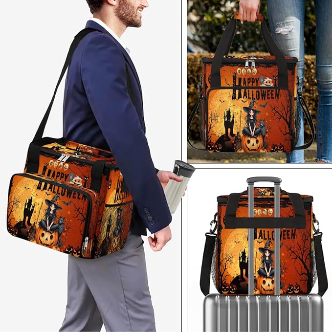 Witch Pumpkin Bats Moon Halloween Coffee Maker Carring Bag Travel Carrying Storage Tote Bag Compatible with Keurig K-Mini or K-Mini Plus Portable Single Serve Coffee Brewer Case with Pockets