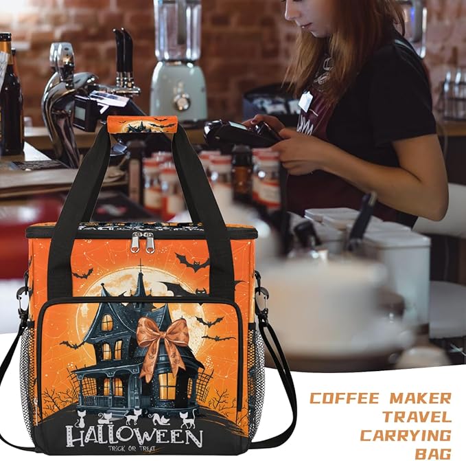 Halloween Moon Castle Bats Coffee Maker Carring Bag Travel Carrying Storage Tote Bag Compatible with Keurig K-Mini or K-Mini Plus Portable Single Serve Coffee Brewer Case with Pockets for K-cup Pods