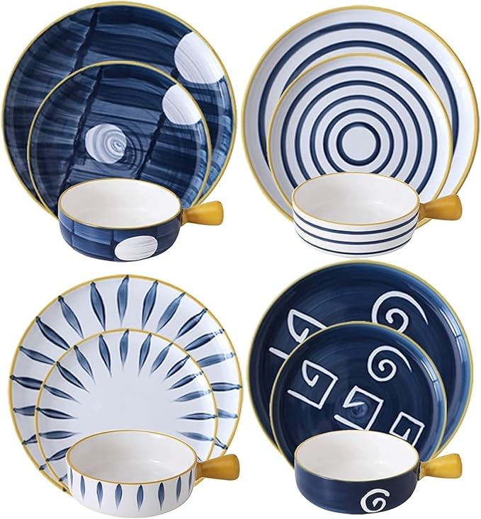 Dinnerware Set Japanese Style 4 Colors Includes 4-Piece Dinner Plates 4-Piece Salad Plates and 4-Piece Bowls12Pieces for 4B