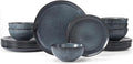 Famiware Moonlight Plates and Bowls Sets 18 Pieces Stoneware Dinnerware Sets with Linen Finish Handmade Dishware set for 6 Microwave and Dishwasher Safe Scratch Resistant Tableware Dark Blue