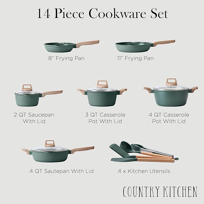 Country Kitchen Pots and Pans Set Nonstick Cast Aluminum Kitchen Cookware Set with Utensils 14 Pcs Non Stick Cooking Set w/Frying Pans &amp Saucepans Sage