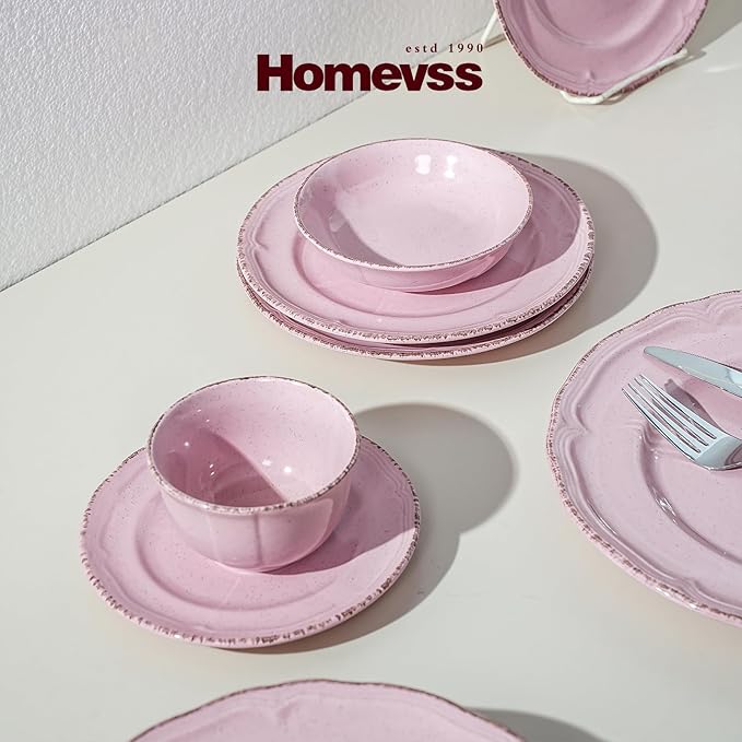 20pc Dinnerware Set Plate and Bowl Set Stoneware Dishes Set for 4 Microwave and Dishwahser Safe Scratch Resistant French Countryside Speckled Antique Pink