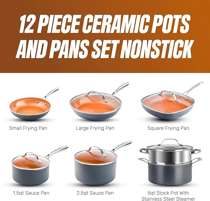 12-Piece Nonstick Ceramic Cookware Set – Pots &amp Pans Kitchen Set with Lids Oven-Safe All Cooktop Compatible Includes Frying Skillet Saucepan &amp Stockpot
